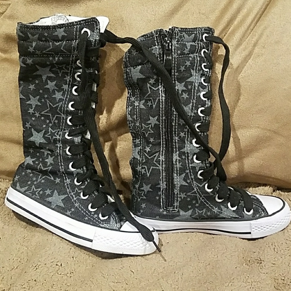 Girls black star knee high sneaker, toddler size 9